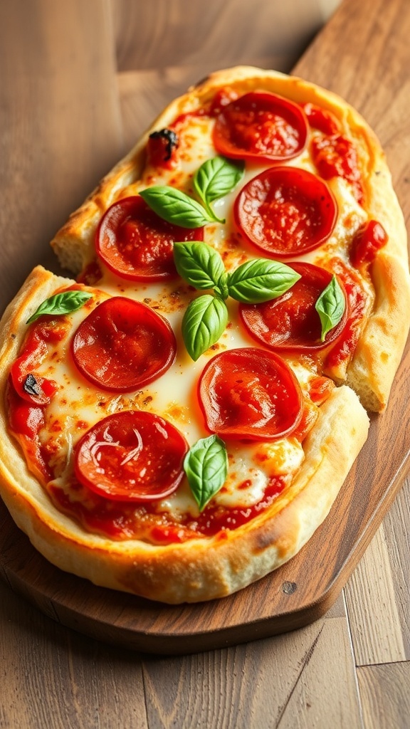 Slices of bread pizza topped with cheese and pepperoni, garnished with basil on a wooden table.